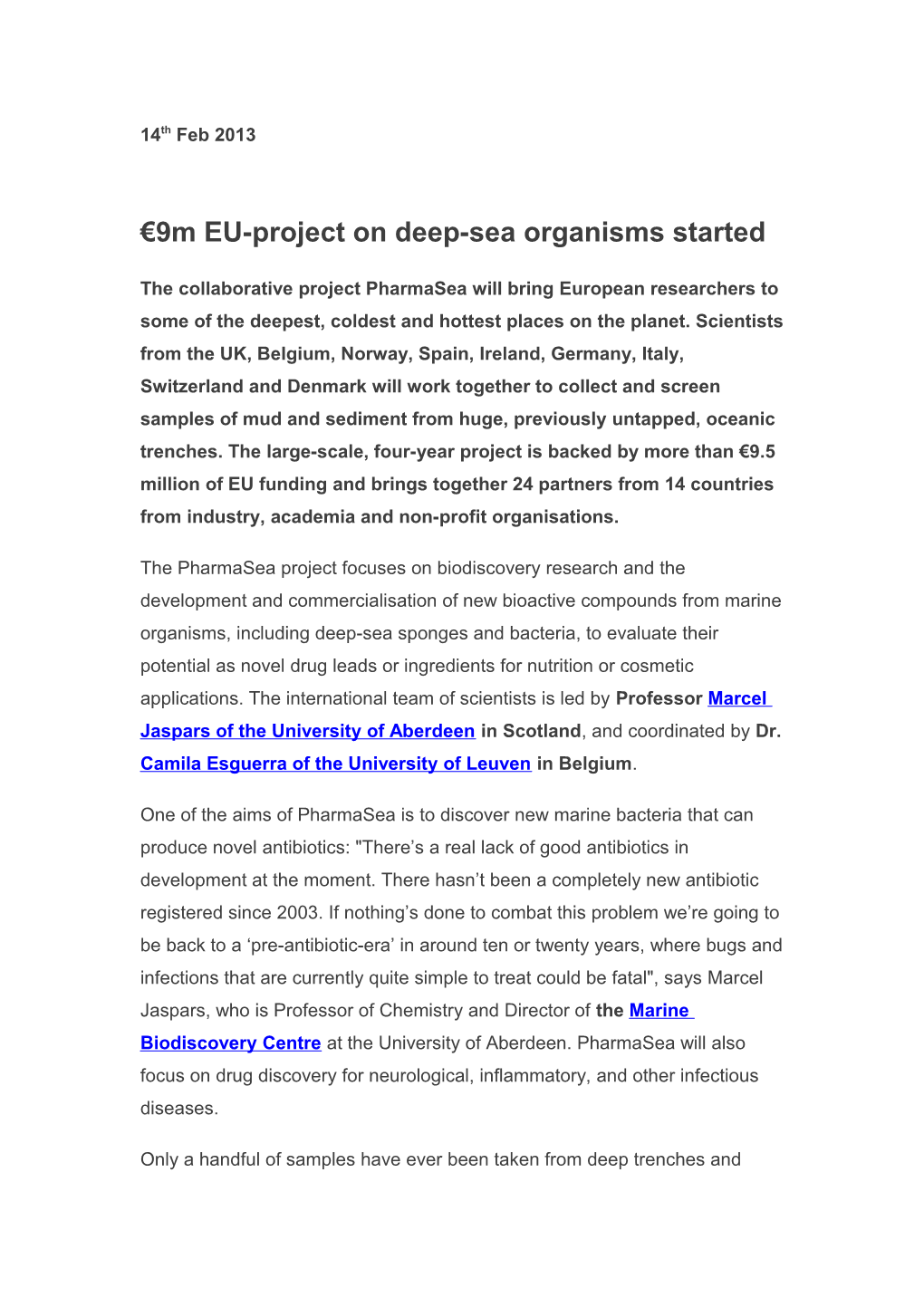 9M EU-Project on Deep-Sea Organisms Started