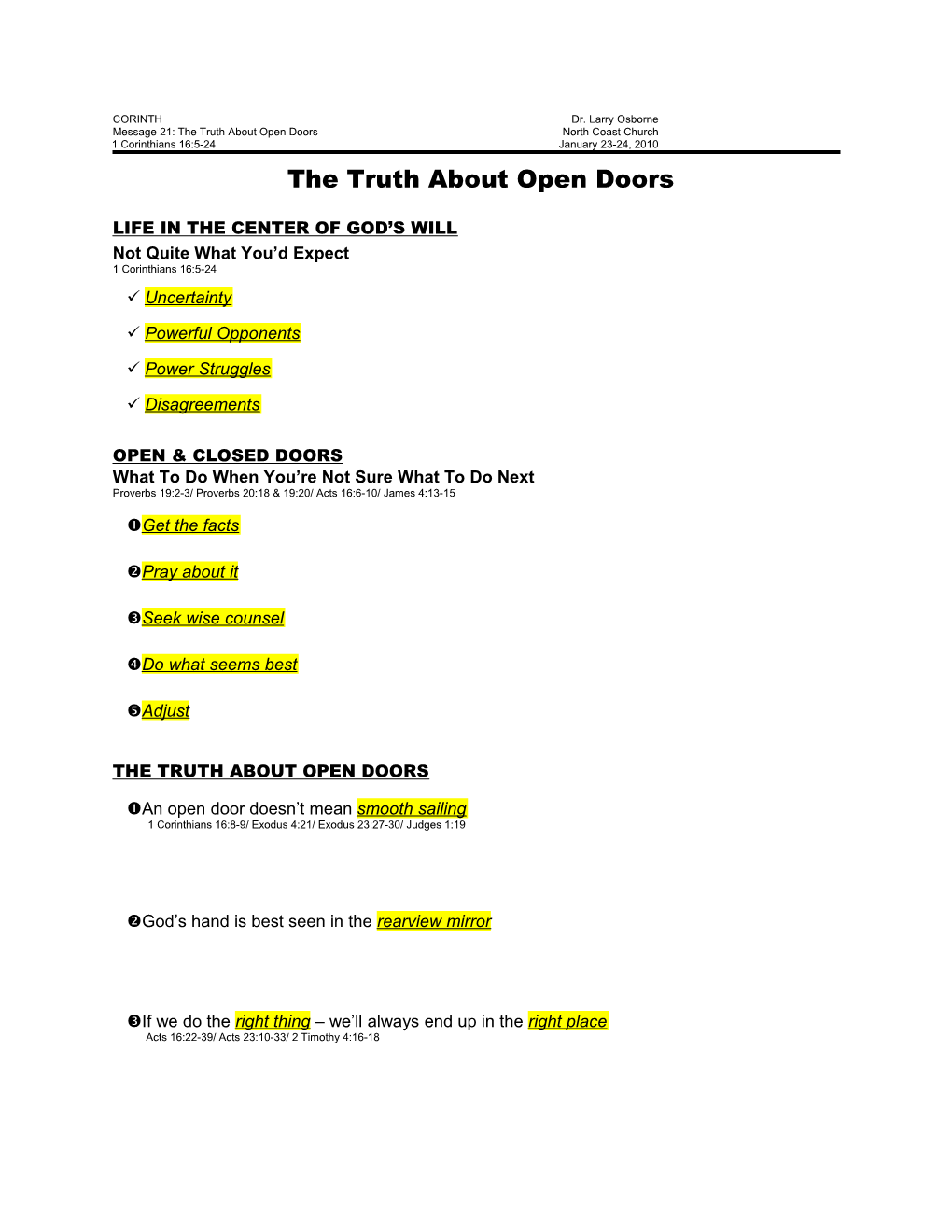 Message 21:The Truth About Open Doors North Coast Church