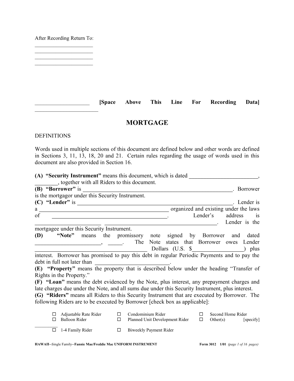 Hawaii Security Instrument (Form 3012): Word