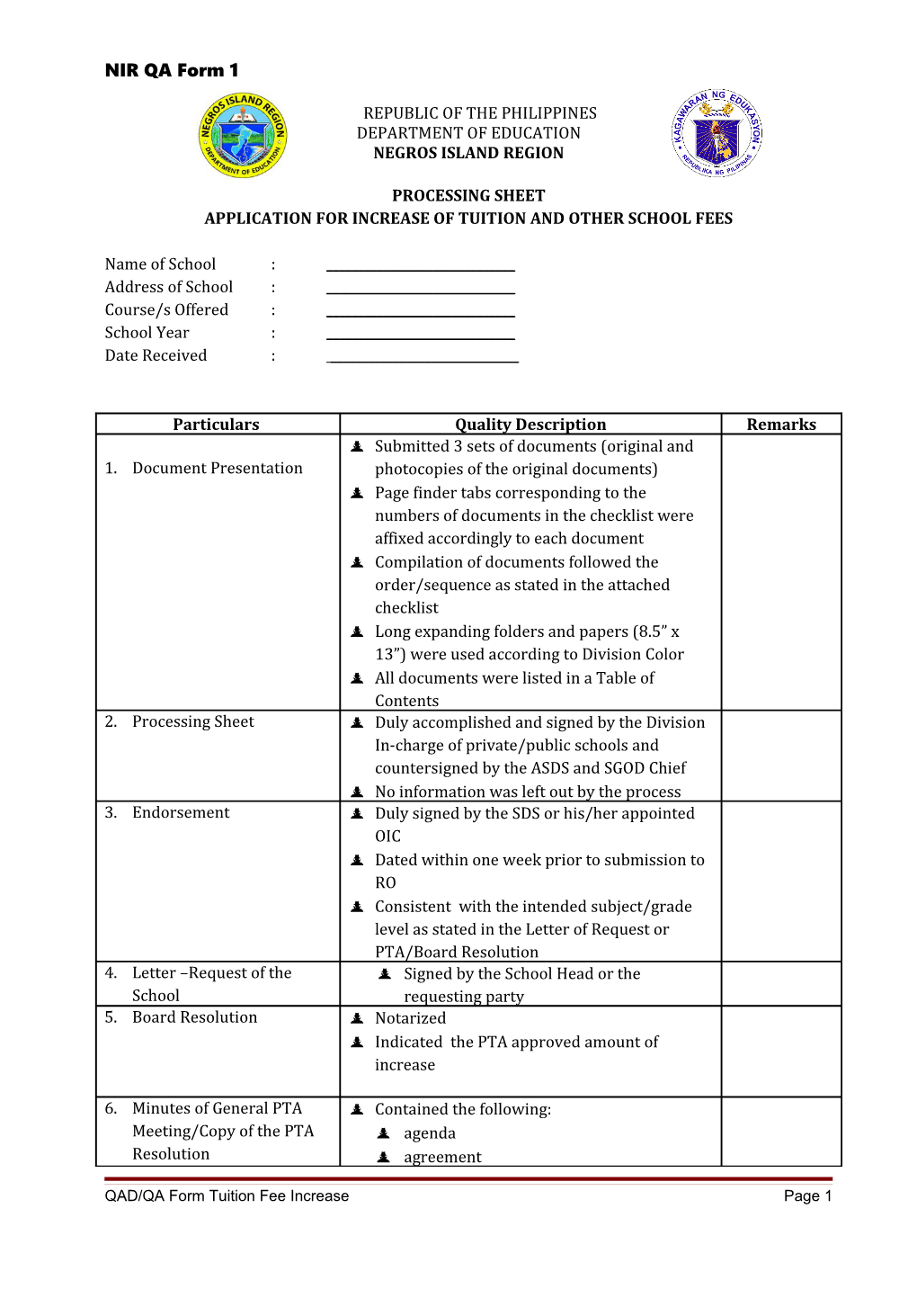 Application for Increase of Tuition and Other School Fees