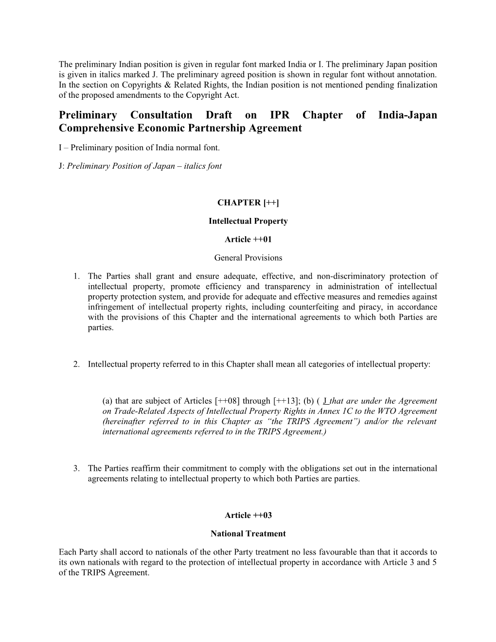 Preliminary Consultation Draft on IPR Chapter of India-Japan Comprehensive Economic Partnership