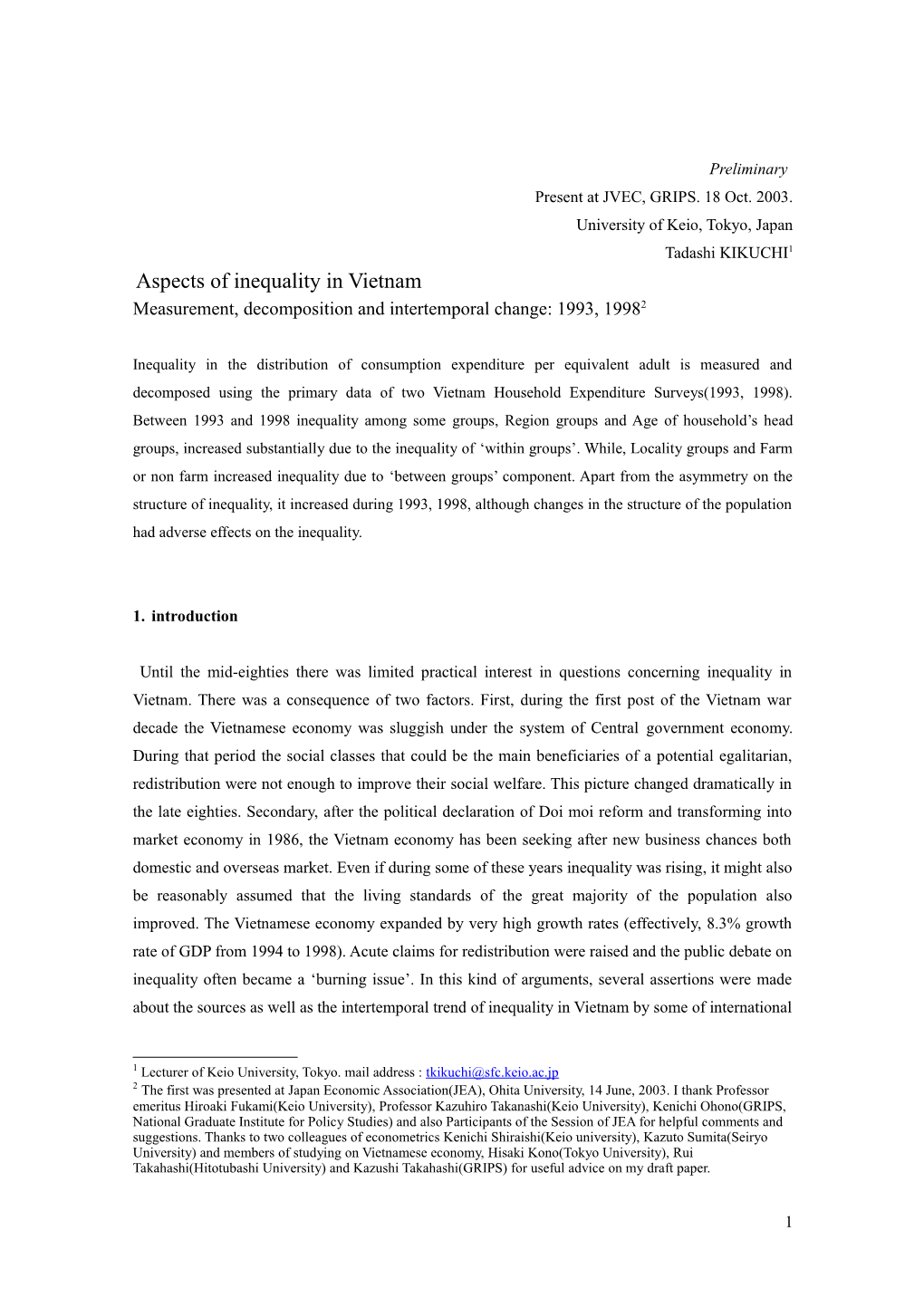 Aspects of Inequality in Vietnam : Measurement, Decomposition and Intertemporal Change
