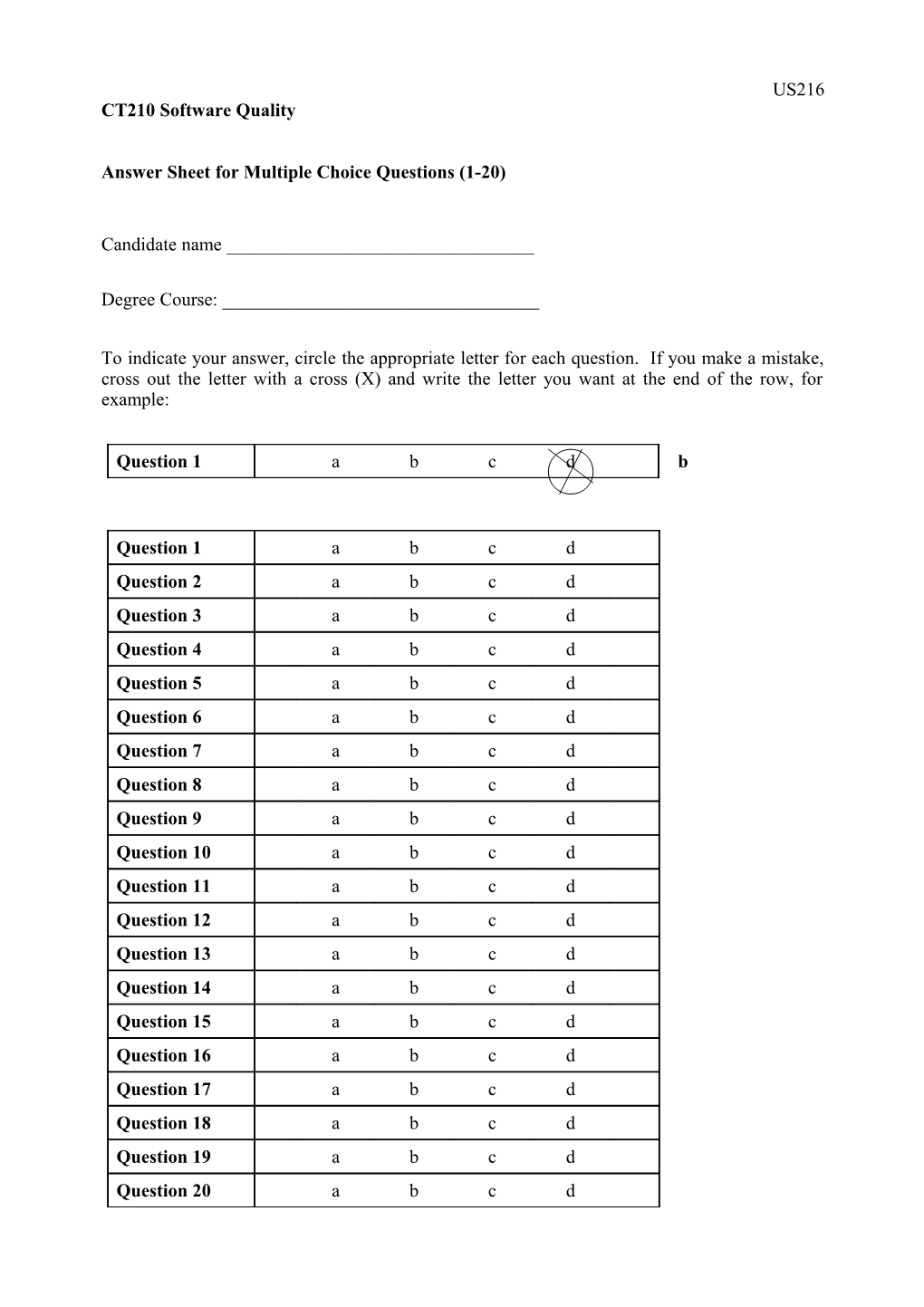 Answer Sheet for Multiple Choice Questions (1-20)