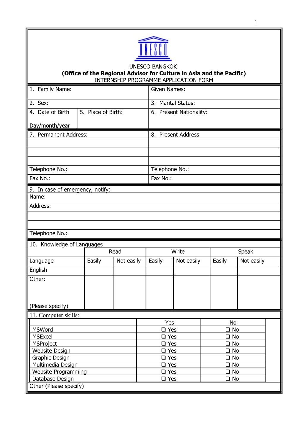 Unesco Internship Programme Application Form