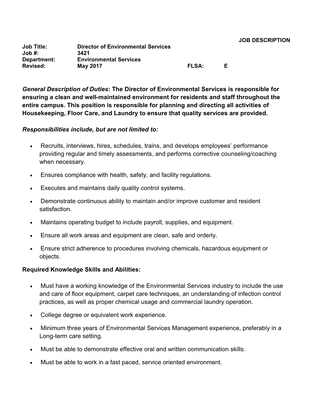Job Title:Director of Environmental Services
