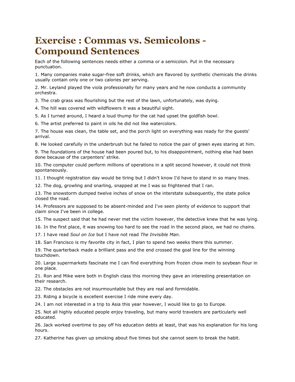 Exercise : Commas Vs. Semicolons - Compound Sentences