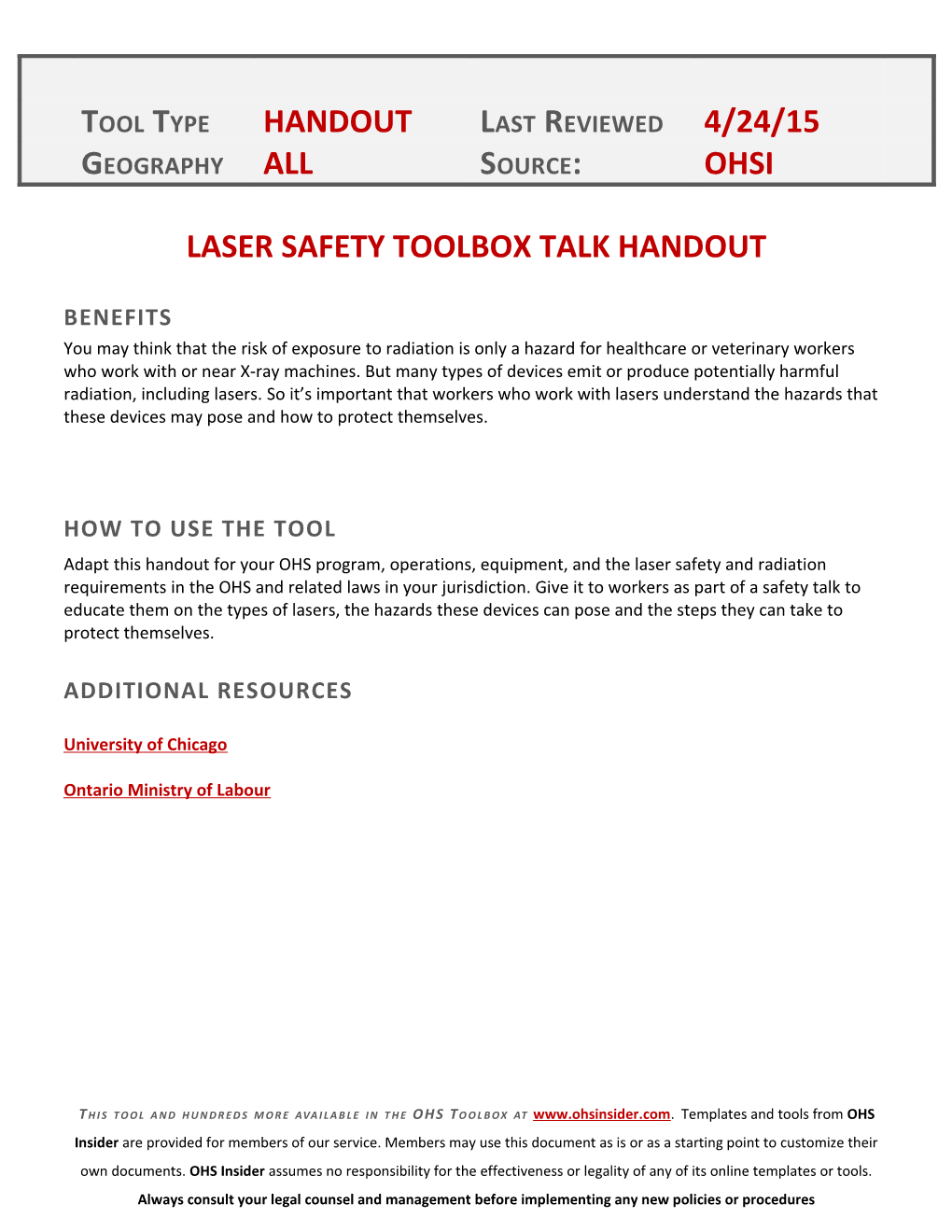 Laser Safetytoolbox Talk Handout