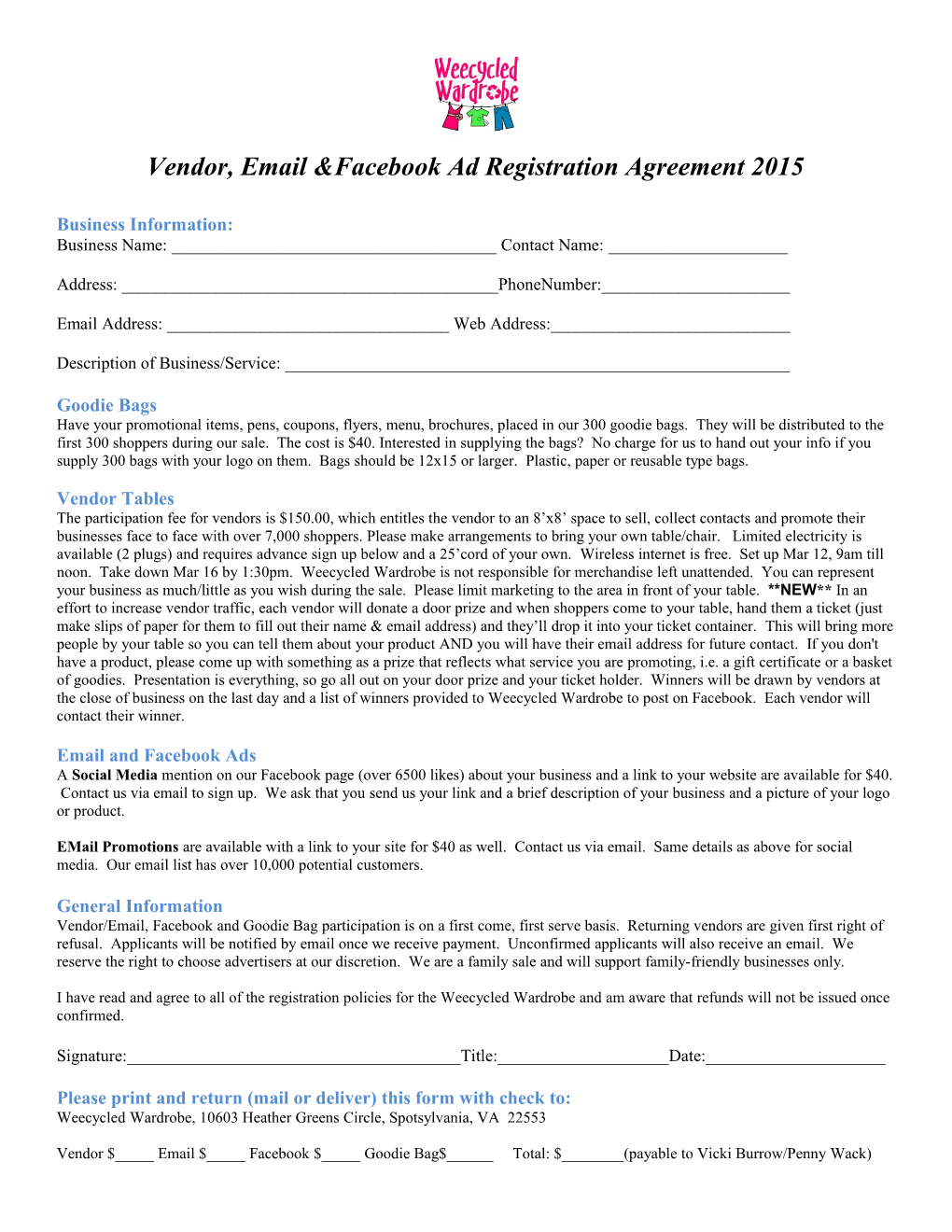 Vendor, Email &Facebook Ad Registration Agreement 2015