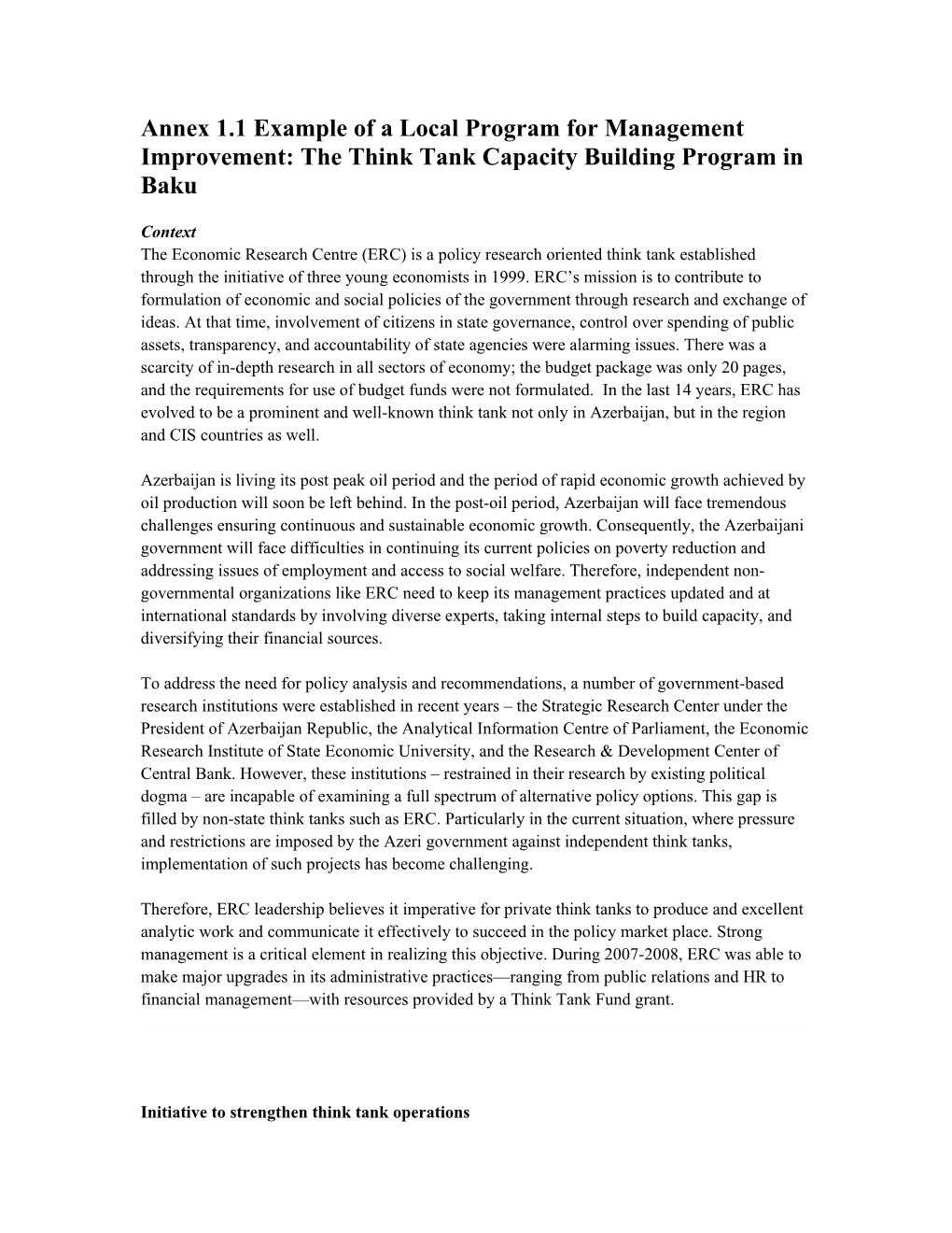 Annex 1.1Example of a Local Program for Management Improvement: the Think Tank Capacity