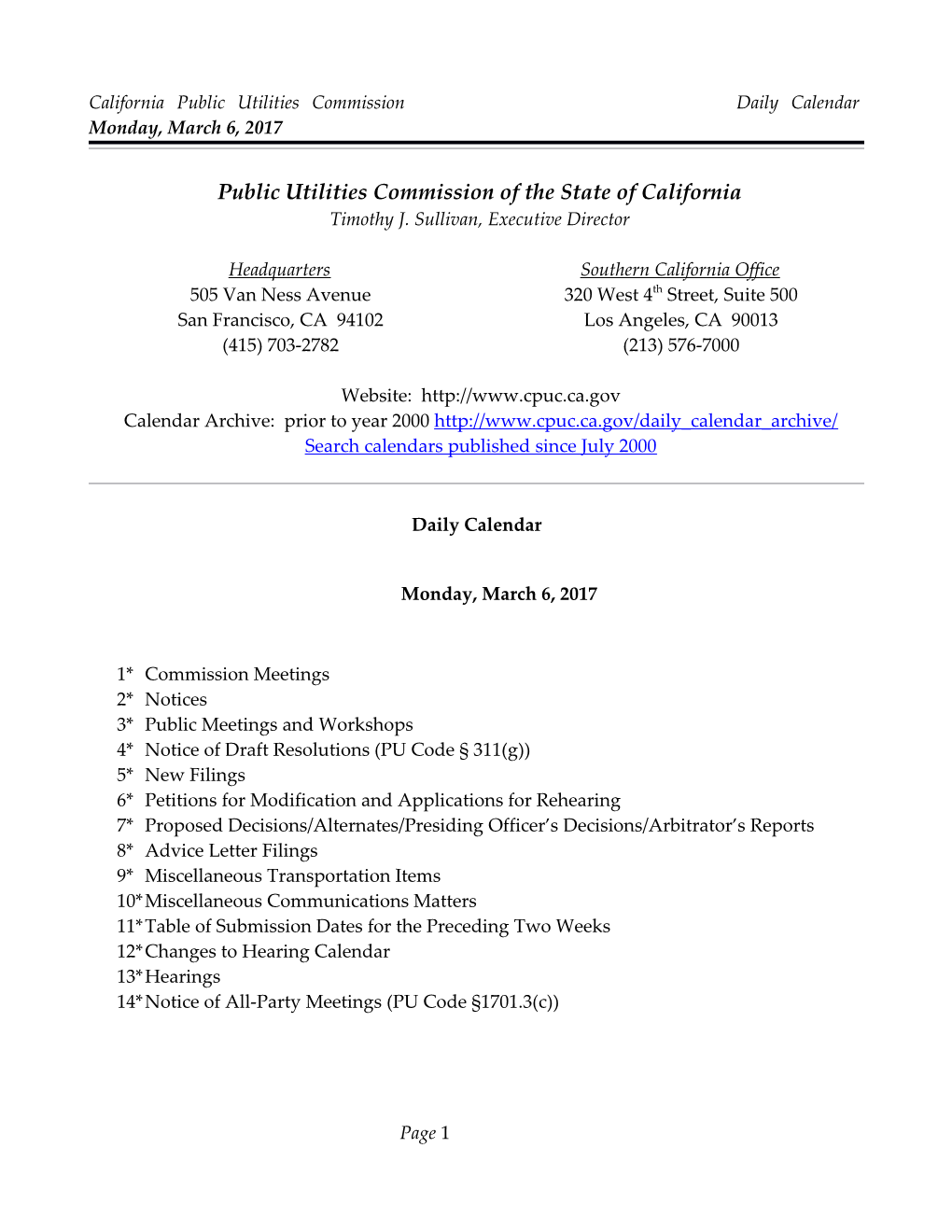 California Public Utilities Commission Daily Calendar Monday, March 6, 2017