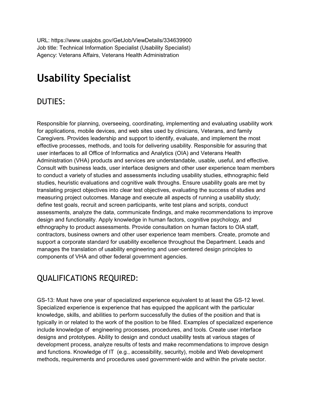 Job Title: Technical Information Specialist (Usability Specialist)
