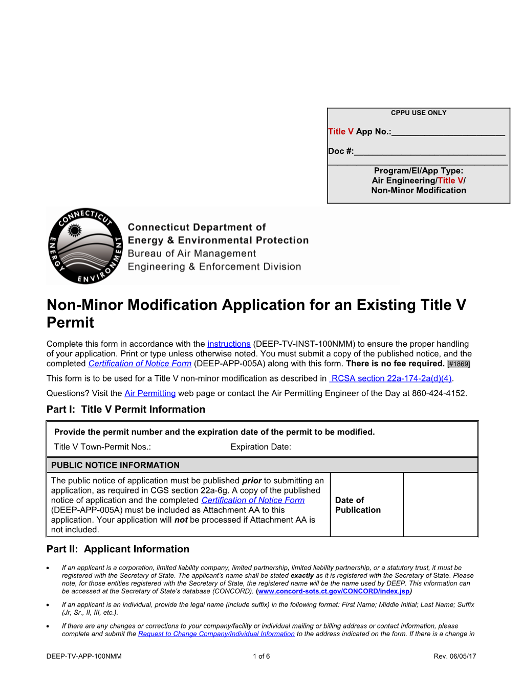 Non-Minor Modification Application for an Existing Title V Permit