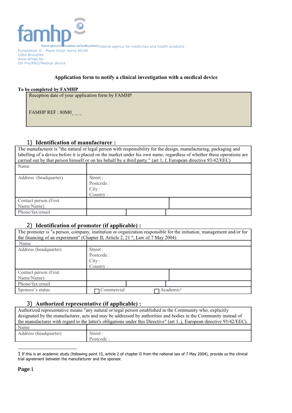 Application Form to Notify a Clinical Investigation with a Medical Device