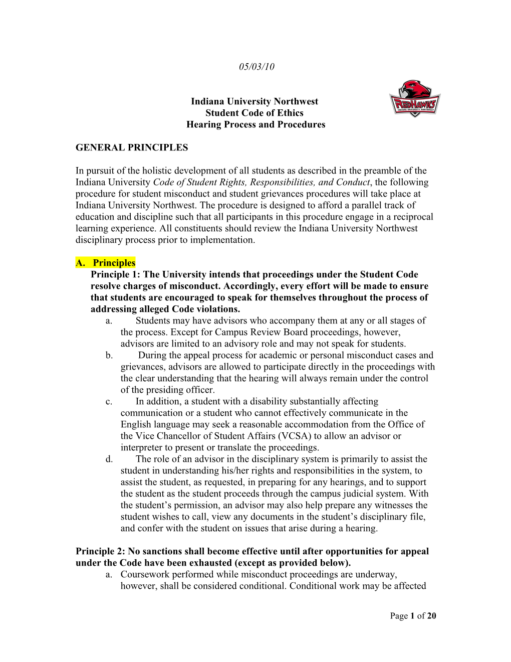 Indiana University Northwest Campus Policy for Violating the Code of Ethics