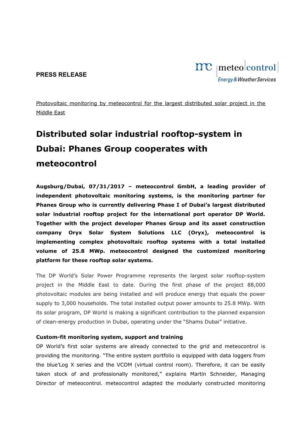 Distributed Solar Industrial Rooftop-System in Dubai: Phanes Group Cooperates with Meteocontrol