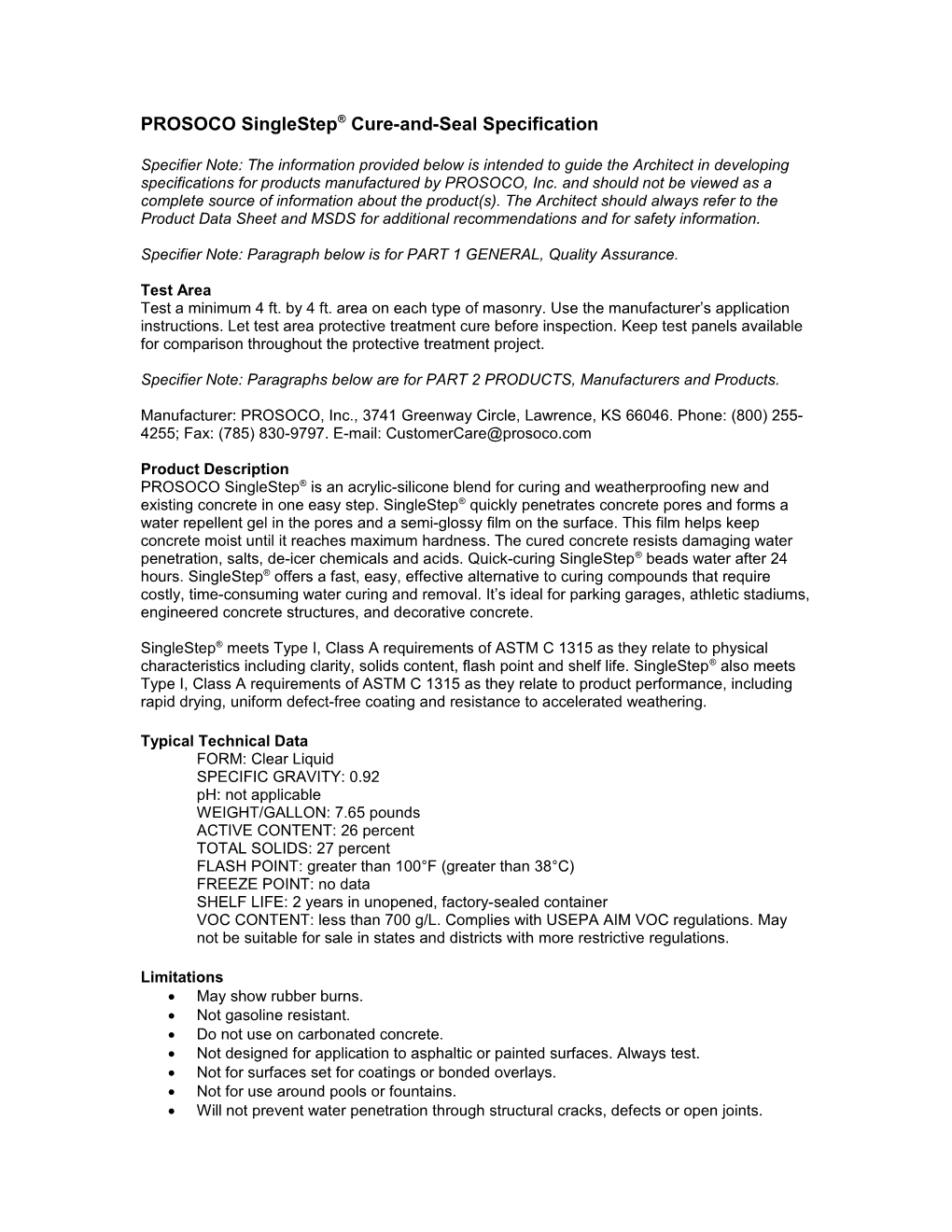 PROSOCO Singlestep Cure-And-Seal Specification