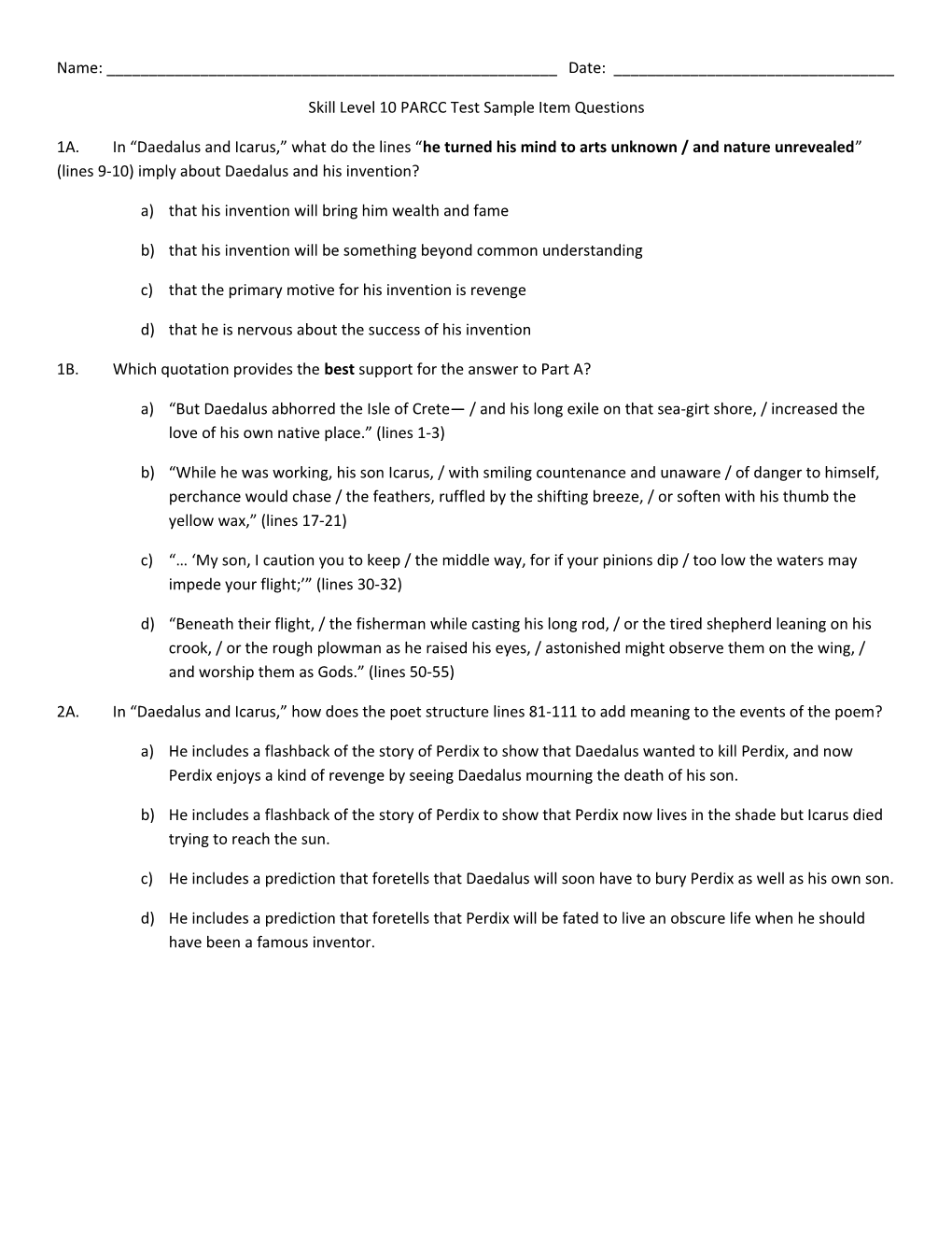 Skill Level 10 PARCC Test Sample Item Questions