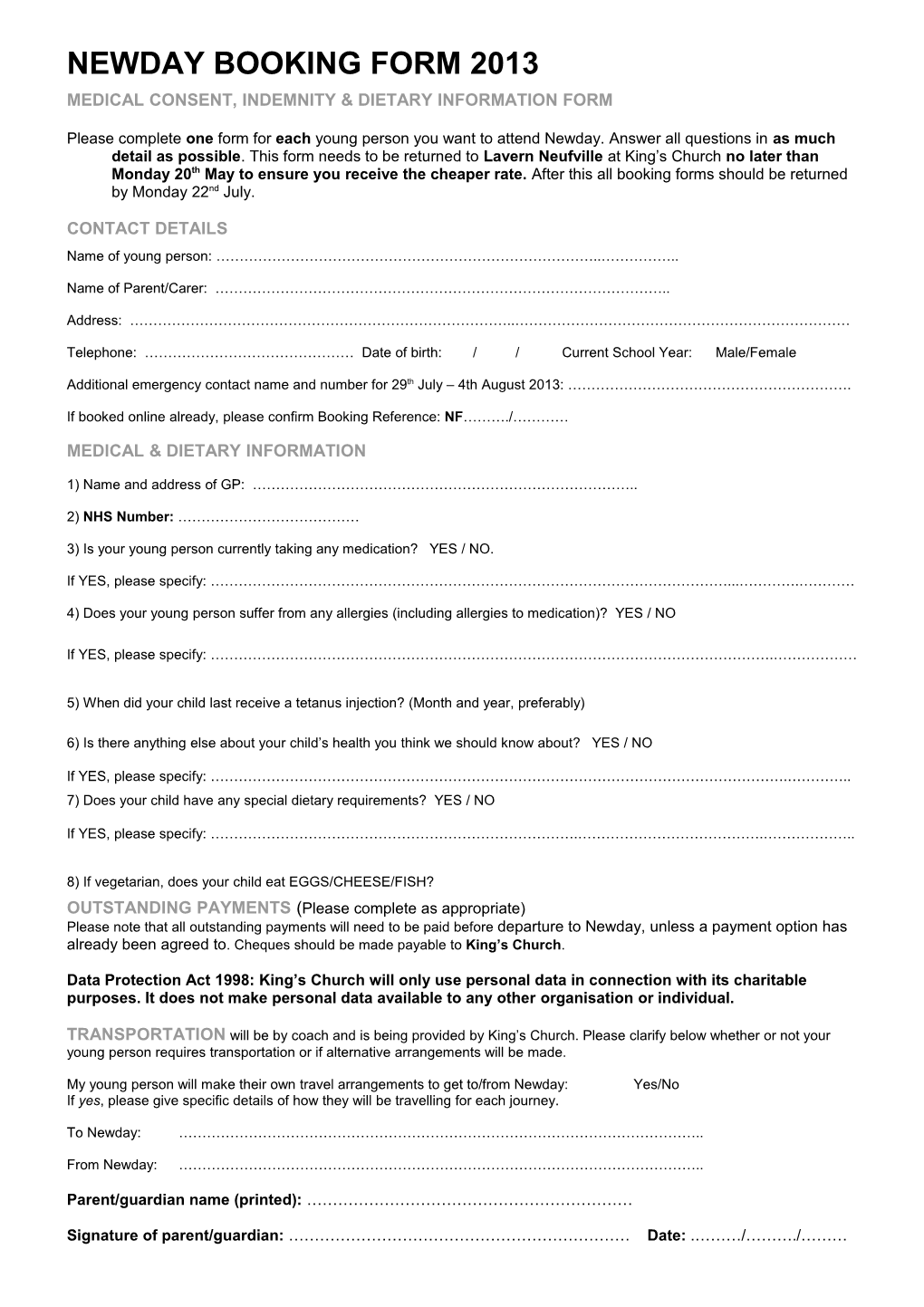 Medical Consent, Indemnity & Dietary Information Form