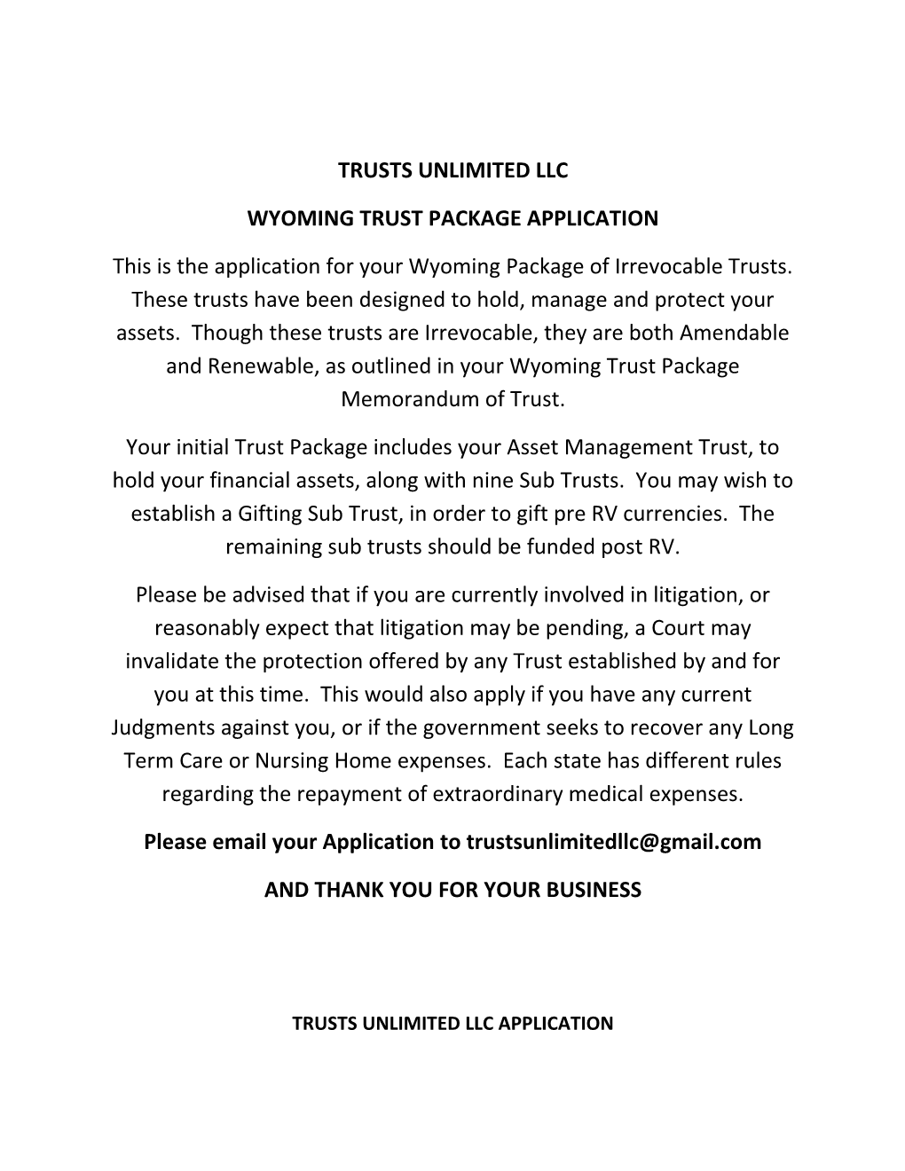 Wyoming Trust Package Application