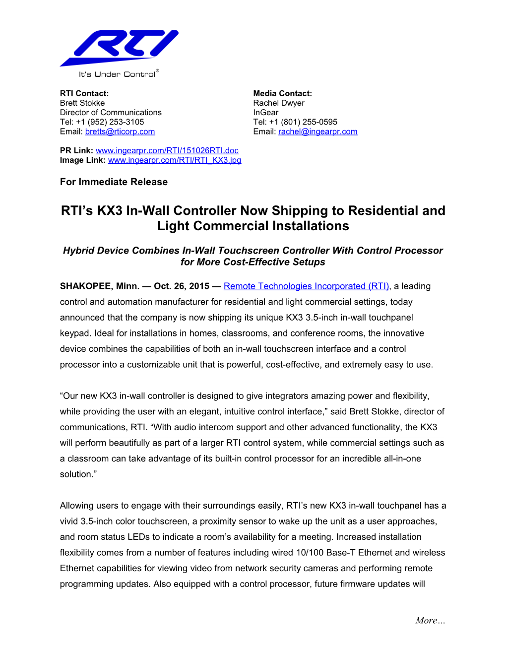 RTI S KX3 In-Wall Controller Now Shipping to Residential and Light Commercial Installations