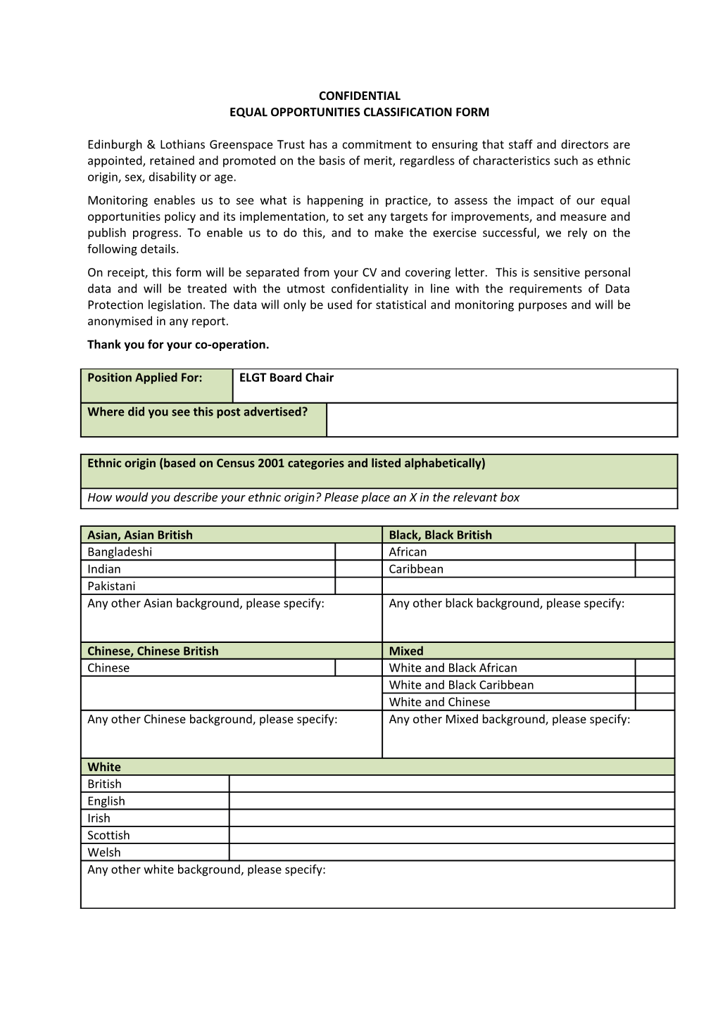 Equal Opportunities Classification Form