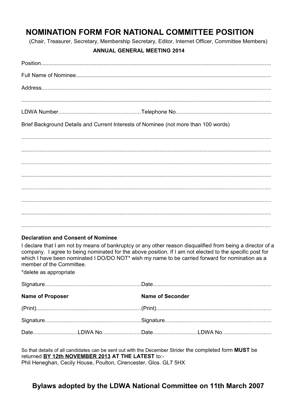 Nomination Form for National Committee Position
