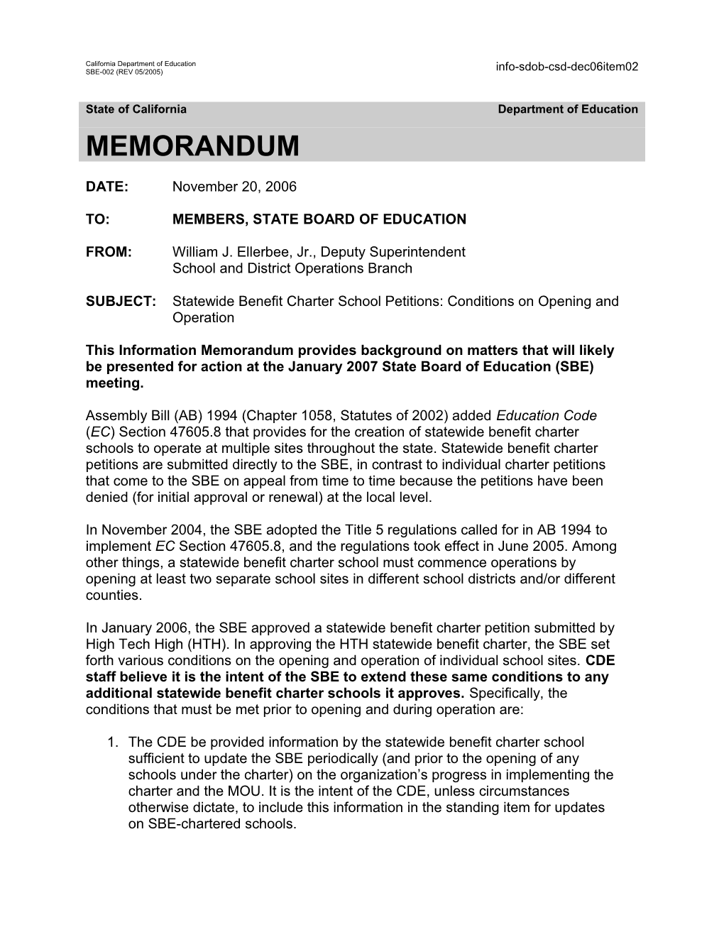 December 2006 CSD Item 2 - Information Memorandum (CA State Board of Education)