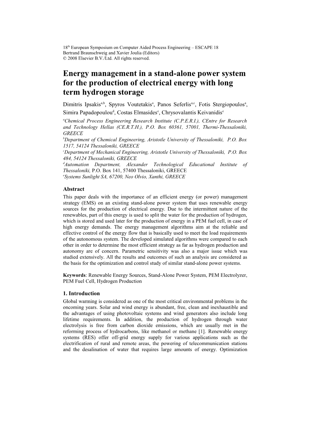 Energy Management in a Stand-Alone Power System for the Production of Electrical Energy