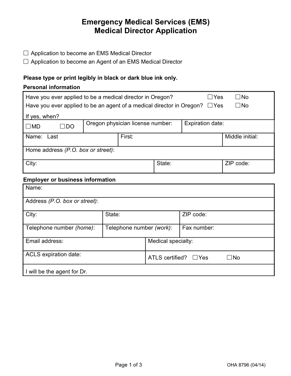 Emergency Medical Services Director Application OHA 8796