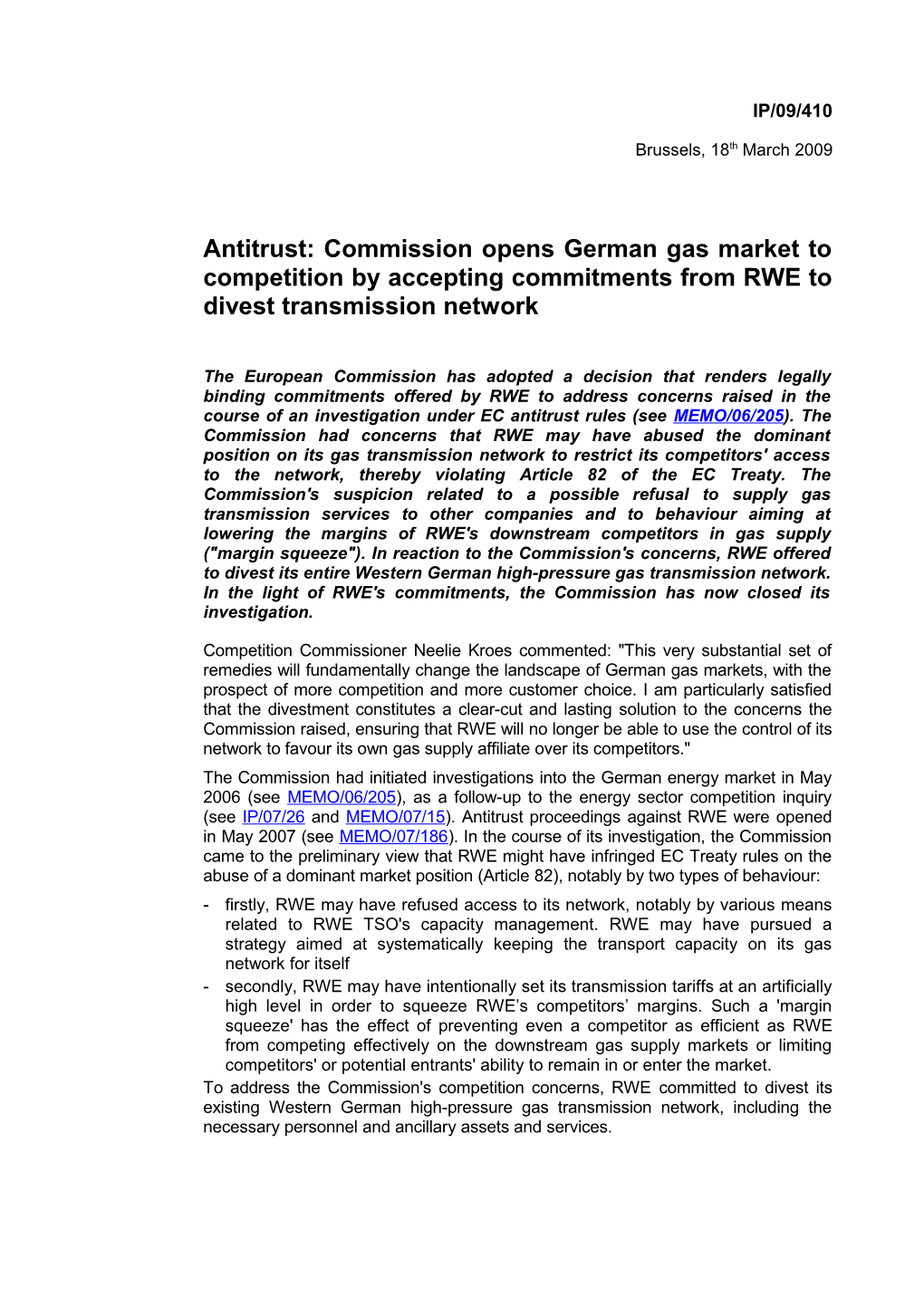 Antitrust: Commission Opens German Gas Market to Competition by Accepting Commitments