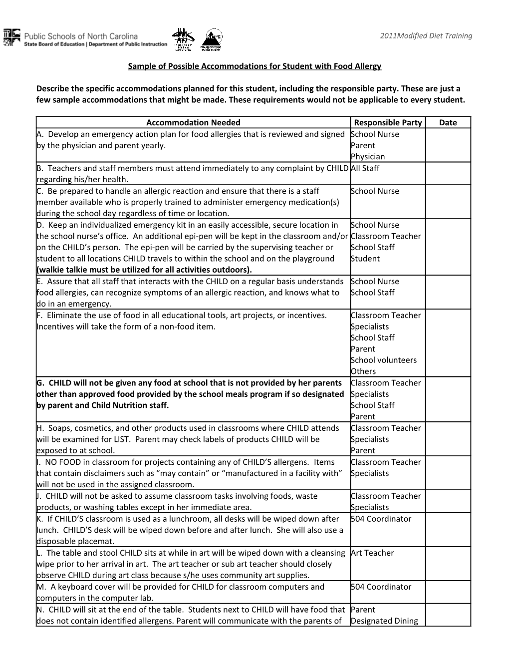 Sample of Suggested Accommodations for Student with Food Allergy