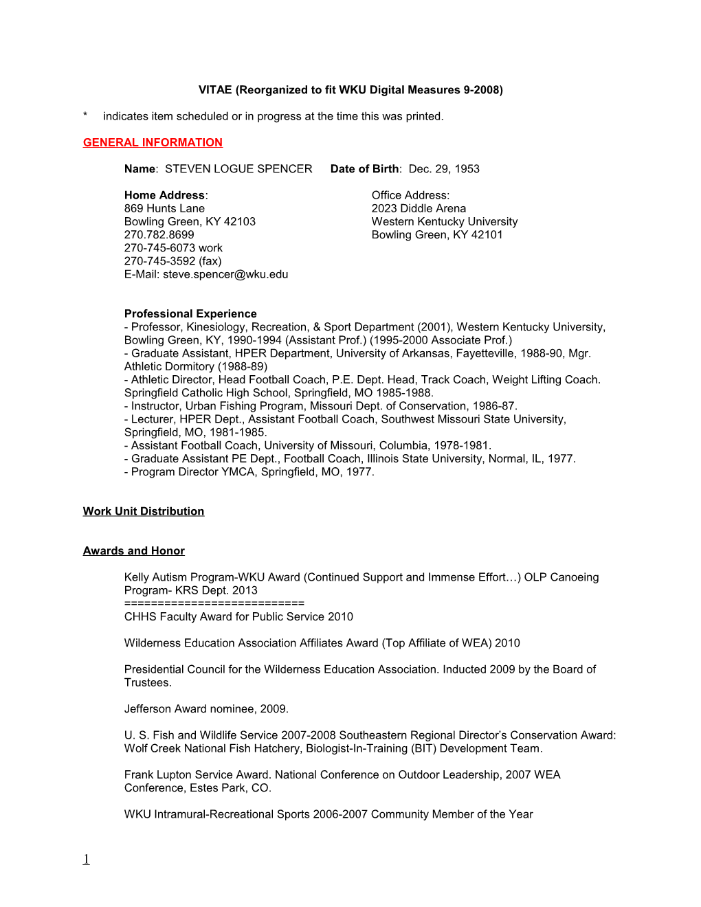 VITAE (Reorganized to Fit WKU Digital Measures 9-2008)