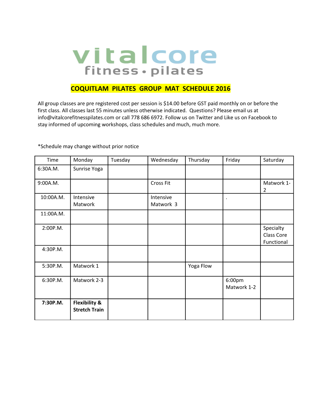 Coquitlam Pilates Group Mat Schedule2016