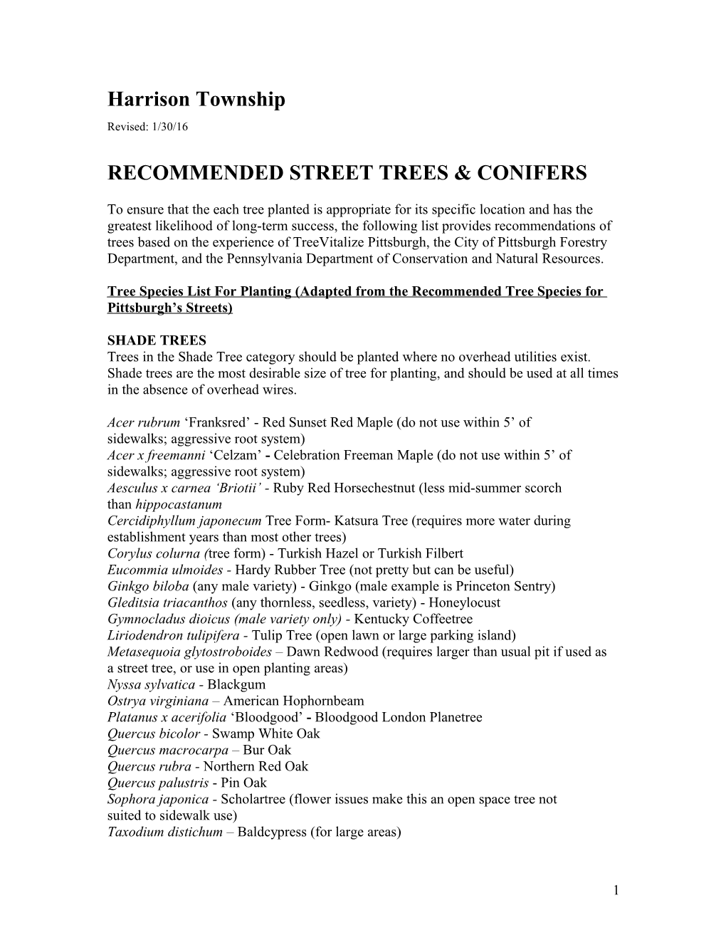 Recommended Street Trees & Conifers