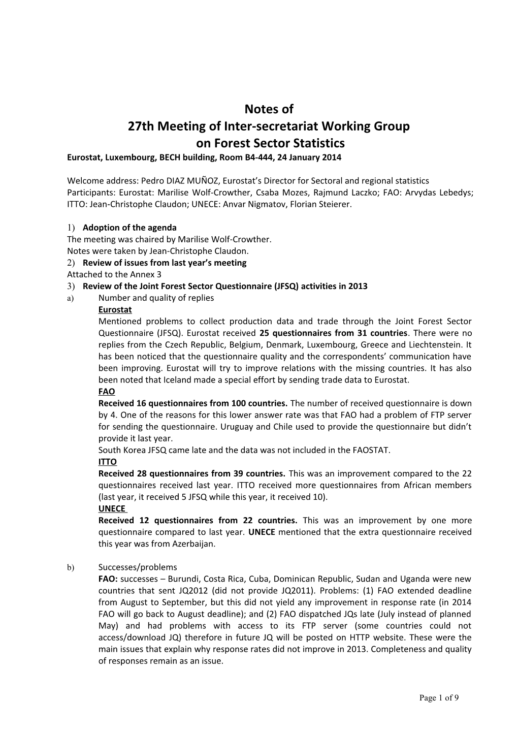 Draft Agenda for 25Th Meeting of Intersecretariat Working Group on Forest Statistics