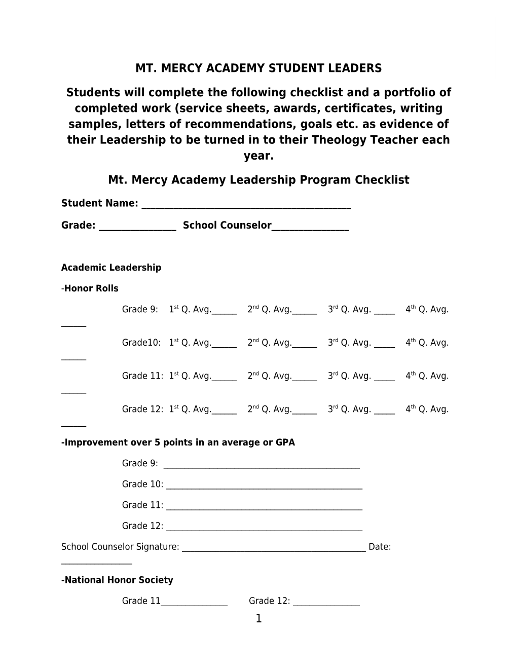 Mt. Mercy Academy Leadership Program Checklist