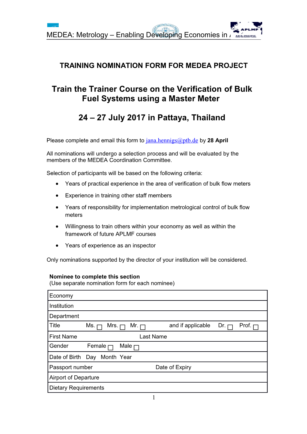 Nomination Form for the APMP DEC/TCQM Measurement Uncertainty Training Course to Be Held