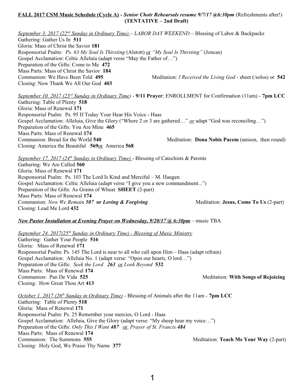 FALL 2017 CSM Music Schedule (Cycle A)-Senior Choir Rehearsals Resume 9/7/17 6:30Pm