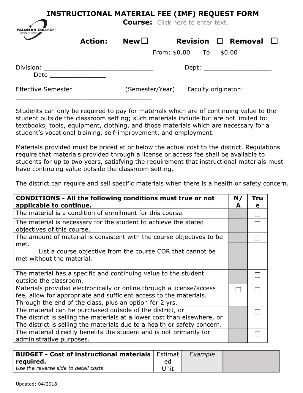 Instructional Material Fee (Imf) Request Form