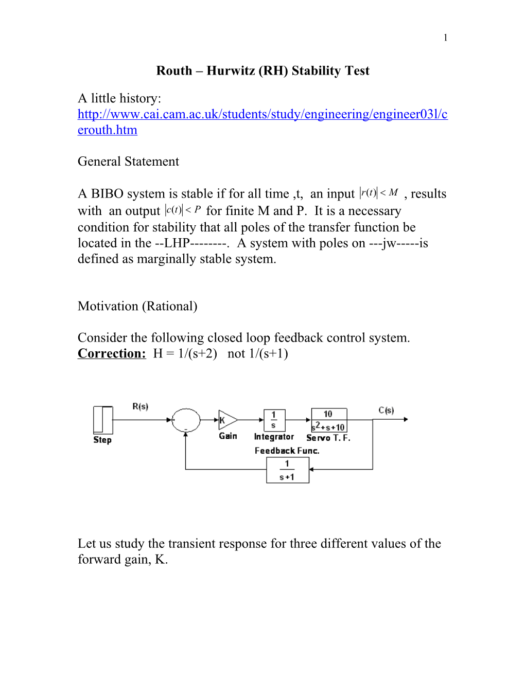 Routh Hurwitz Stability Test