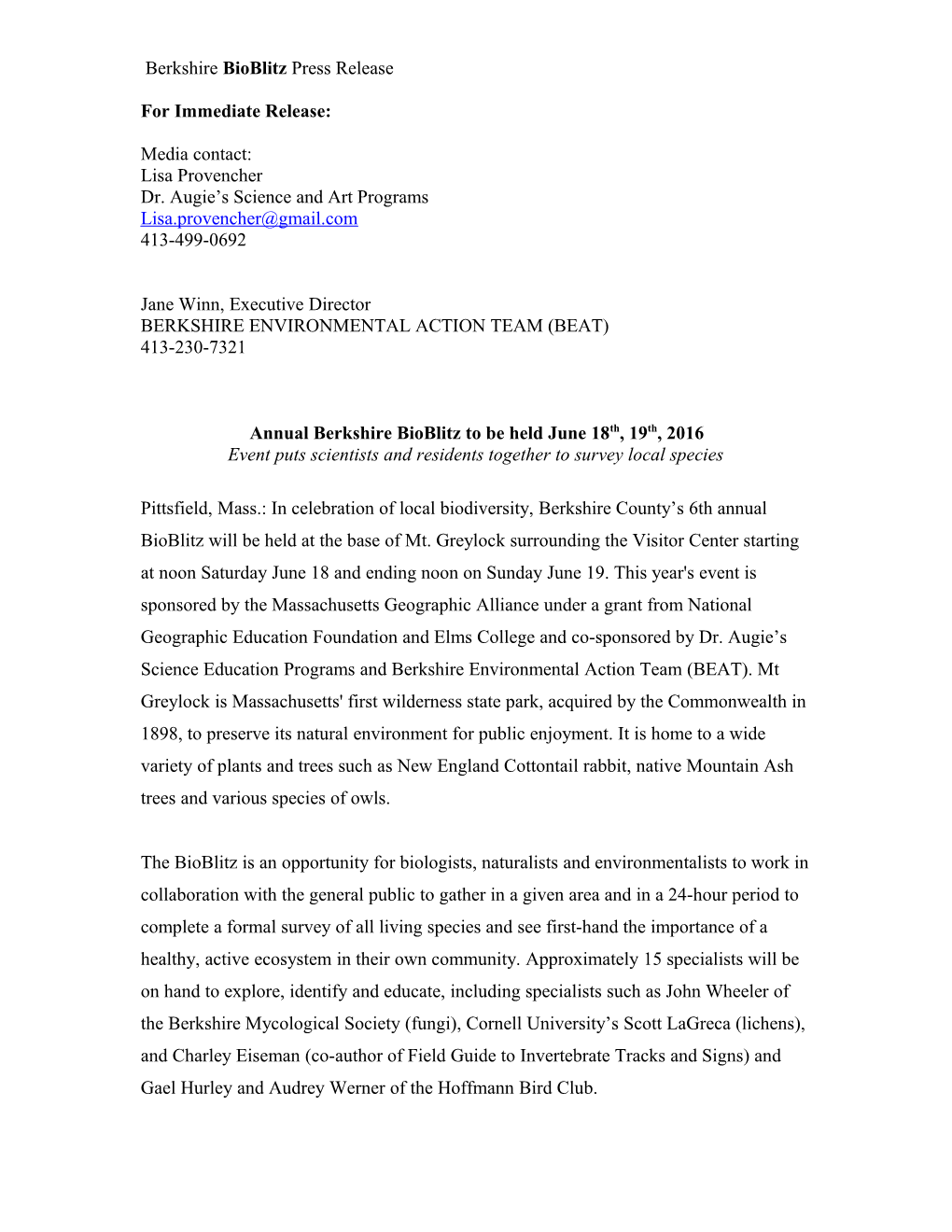 Berkshire Bioblitz Press Release
