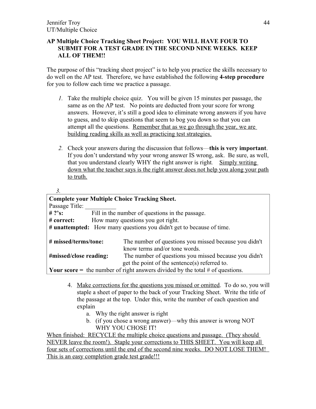 AP Multiple Choice Tracking Sheet Project