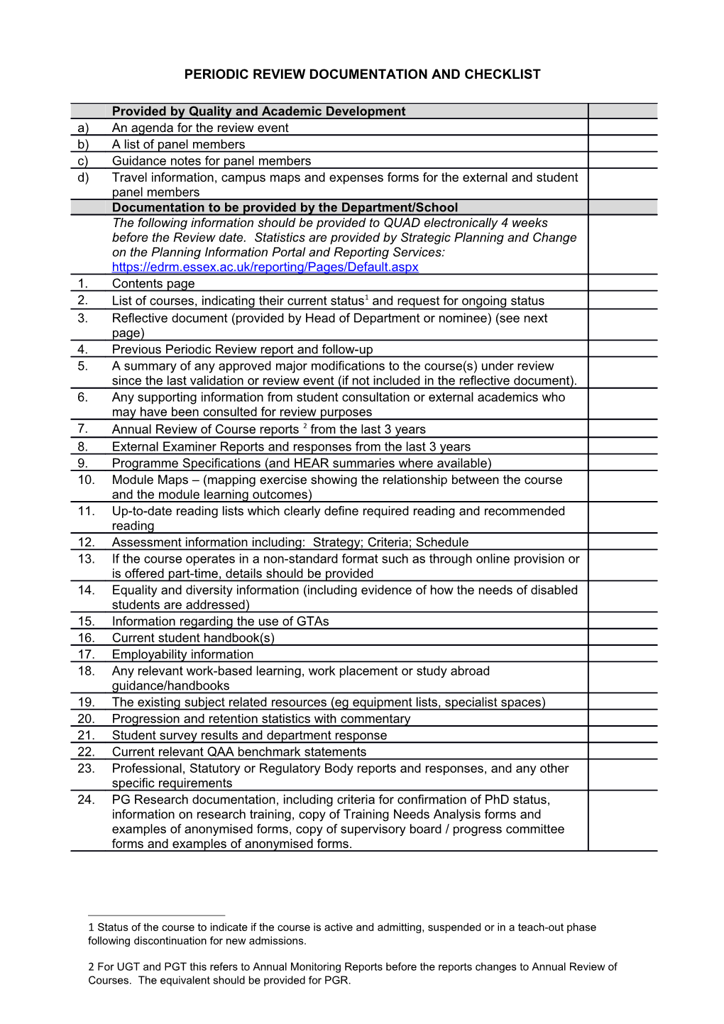 Periodic Review Documentation and Checklist