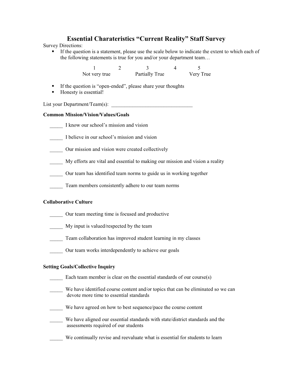 Essential Charateristics Current Reality Staff Survey