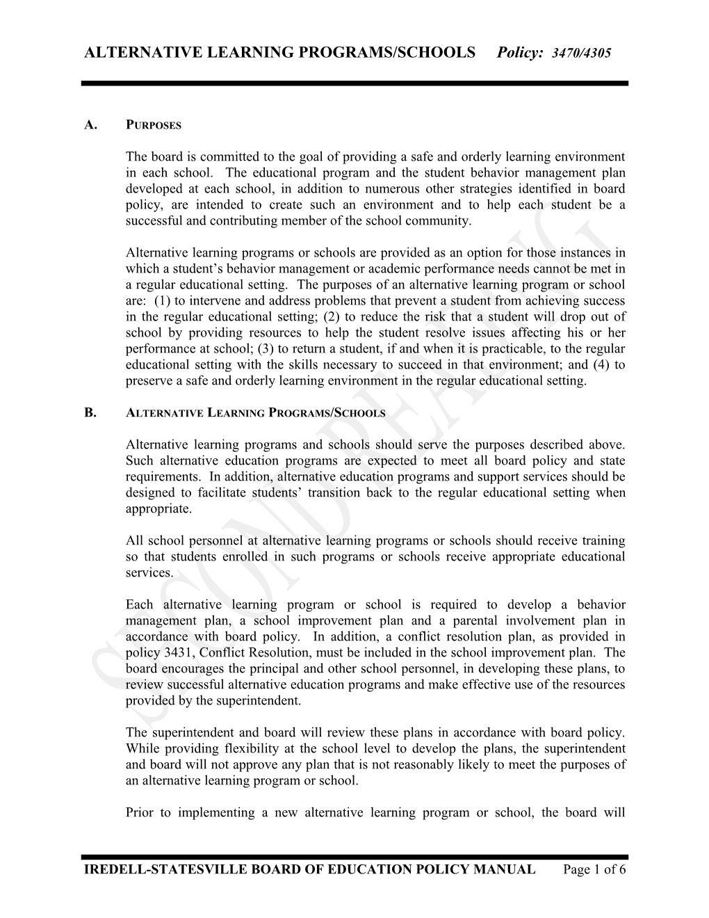 IREDELL-STATESVILLE BOARD of EDUCATION POLICY MANUAL Page 1 of 6