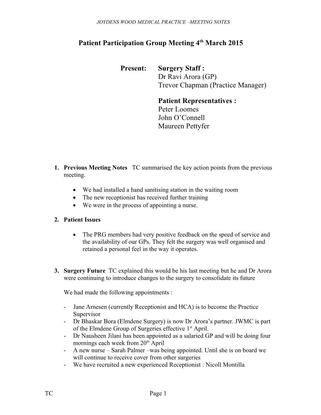 Joydens Wood Medical Practice Meeting Notes