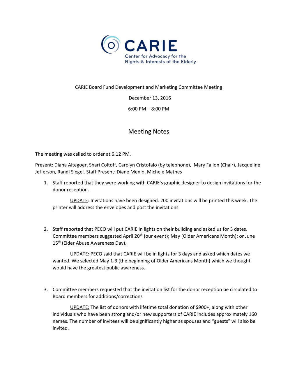 CARIE Board Fund Development and Marketing Committee Meeting