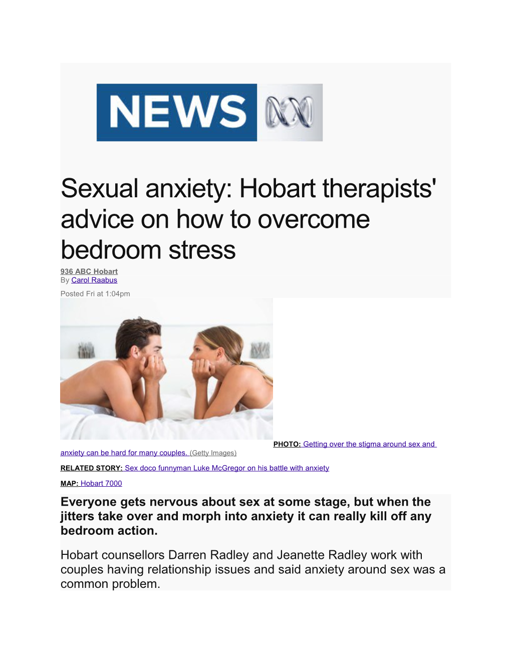 Sexual Anxiety: Hobart Therapists' Advice on How to Overcome Bedroom Stress