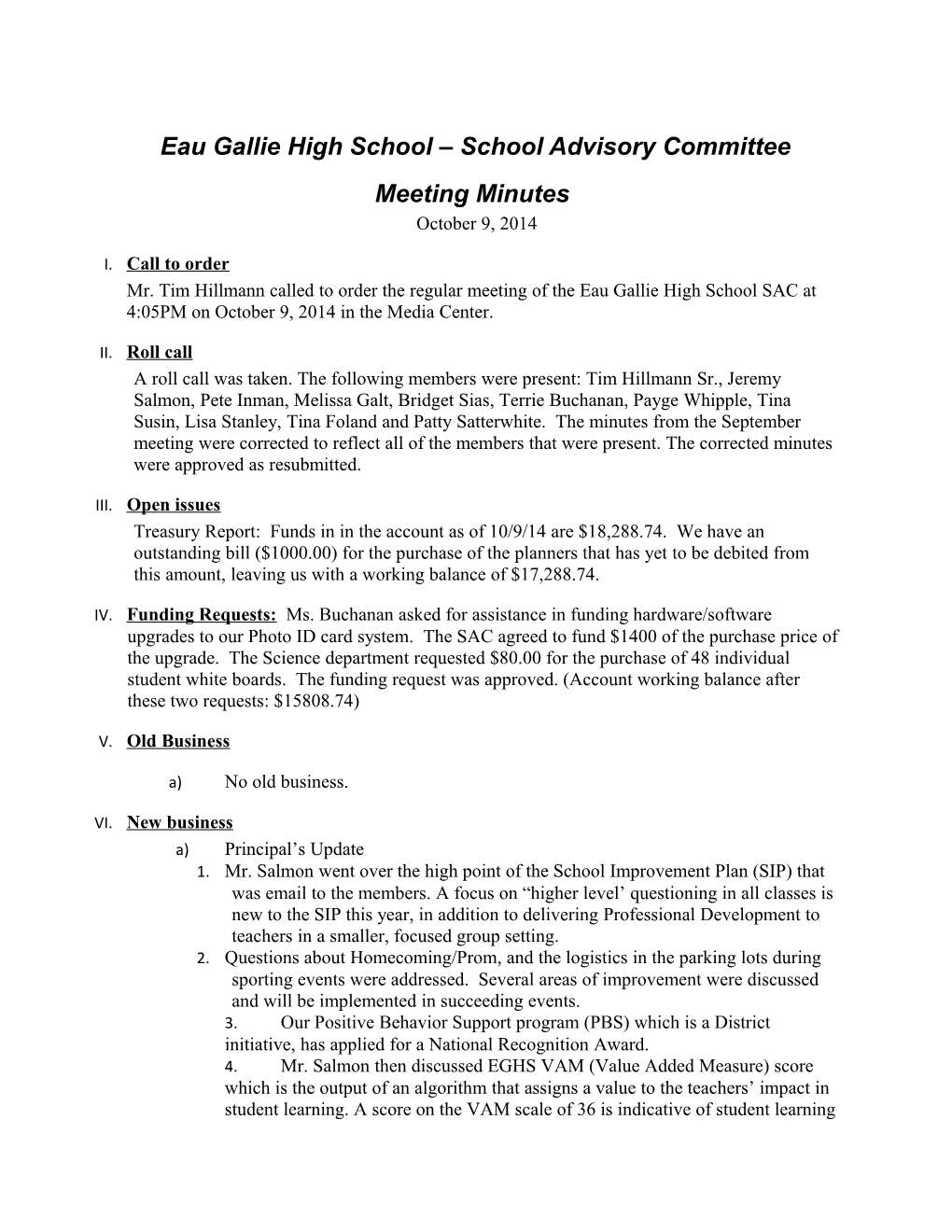 Eau Gallie High School School Advisory Committee