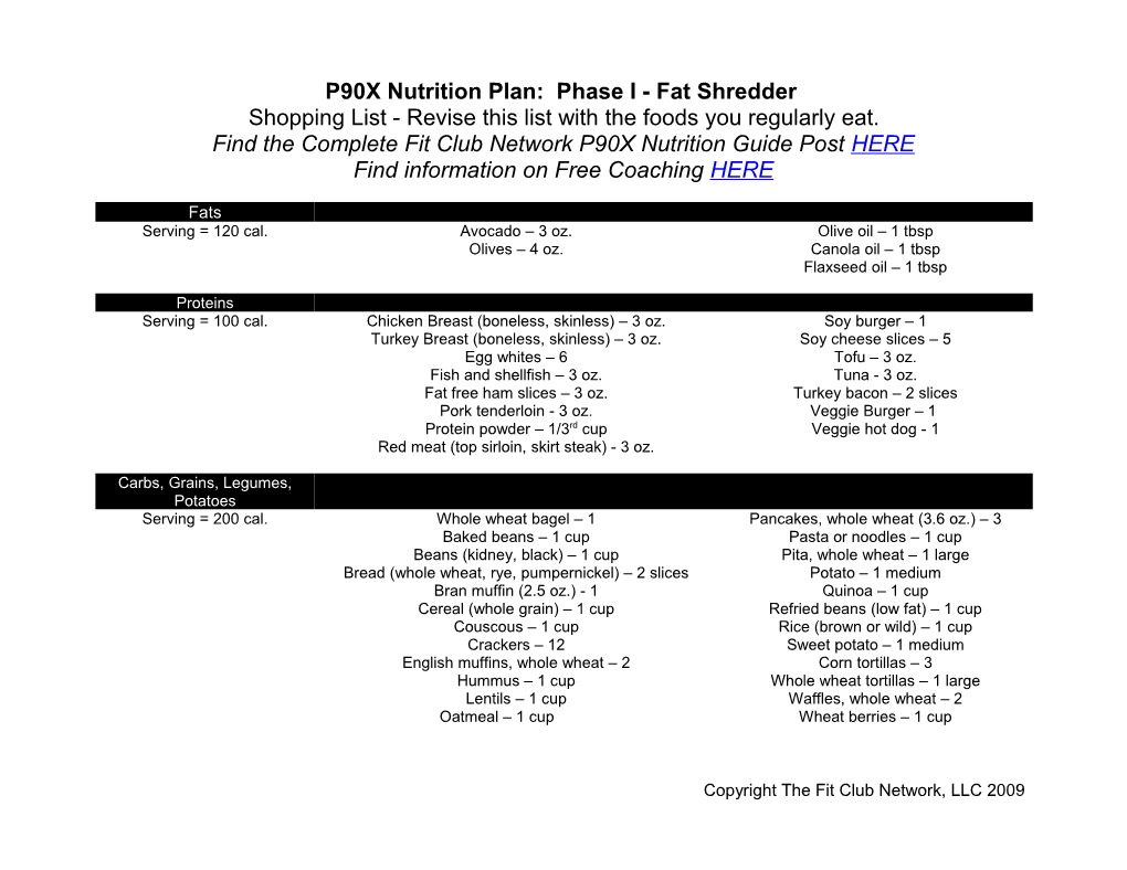 P90X Nutrition Plan: Phase I - Fat Shredder